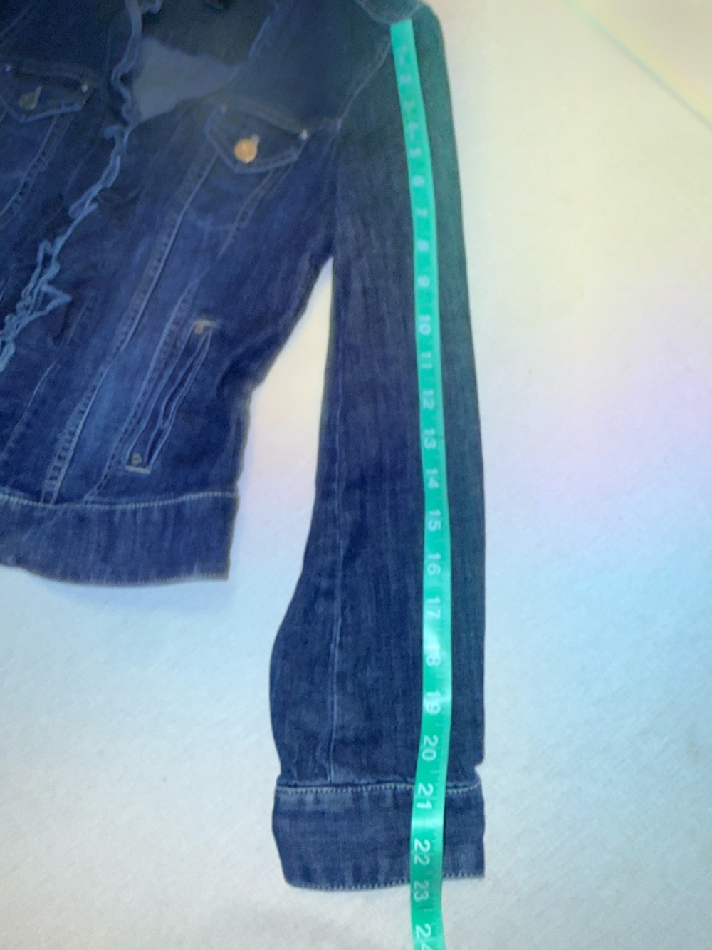 White House Black Market Ruffle Denim Jacket Size 0 Dark Wash - Picture 3 of 6